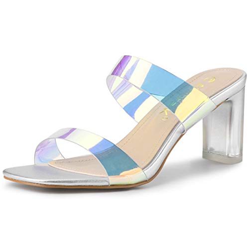 Allegra K Sandalias Correas Transparentes De Colores Claros Talón Grueso para Mujeres Plata 35