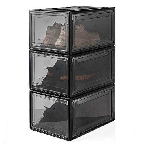 YORBAY Cajas de Zapatos apilable, Paquete de 3, Transparente Plástica，Organizador de Cajas de Almacenamiento de Zapatos Negro