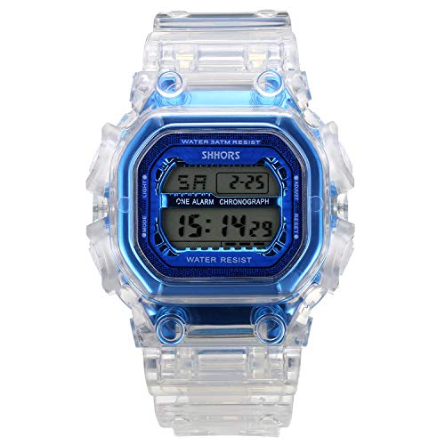 Lancardo Reloj Electrónico de Hombre Mujer Unisex Reloj Deportivo Correa Plástico Transparente Dial Esfera Cuadrada Pantalla LED Reloj Digital Multifunción Impermeable de 3 ATM Reloj Azul Elegante