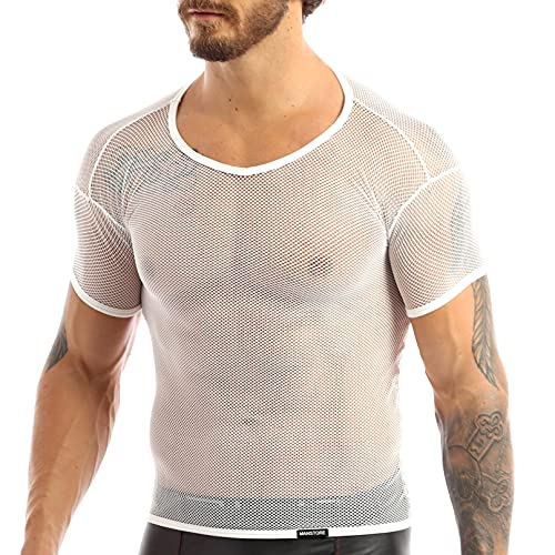 iiniim Atractivo Hombre Chaleco Camiseta de Manga Corta Camiseta Transparente Chaleco Camisa de Malla para Los Hombres M-3XL Blanco M