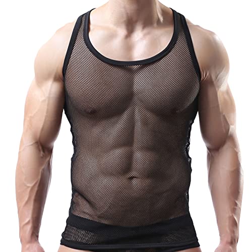 Chaleco de Hombre Sexy Malla Transpirable Camiseta sin Mangas Transparente Bikini Briefs Traje de baño